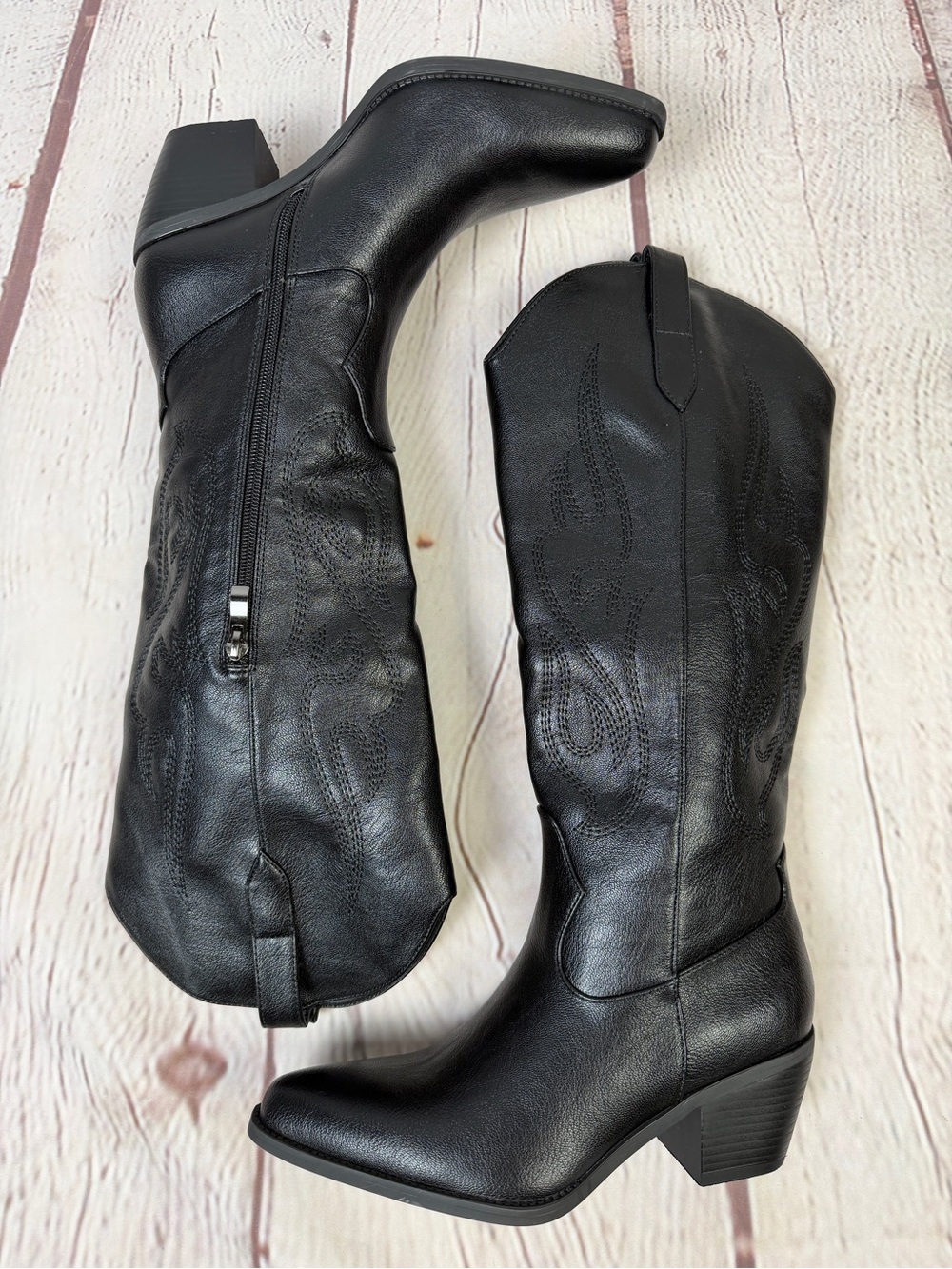 Women's NEW black western cowgirl knee-high heeled pointed toe boots, size 6 - Picture 11 of 16